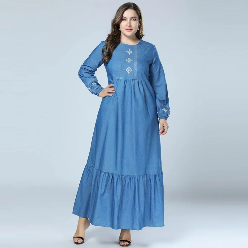 2018 Fashion Abayas Jean Muslim Dress Dubai abaya Denim marokkaanse kaftan Embroidery...