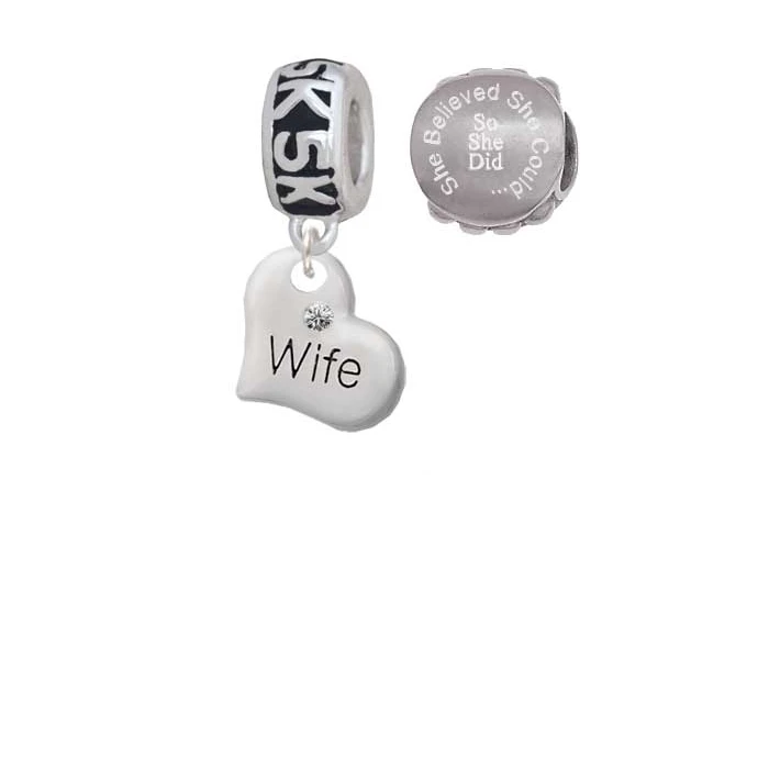 Silvertone Small Wife Heart 5K Run She Believed She Could Charm Beads (Set of 2)