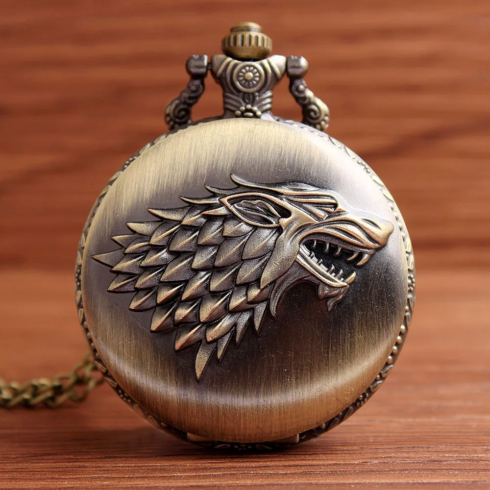 Ретро Античная бронза карманные часы Волчья Голова Direwolf Дизайн Винтаж для мужчин для женщин кварцевые карманные часы с FOB цепочки и