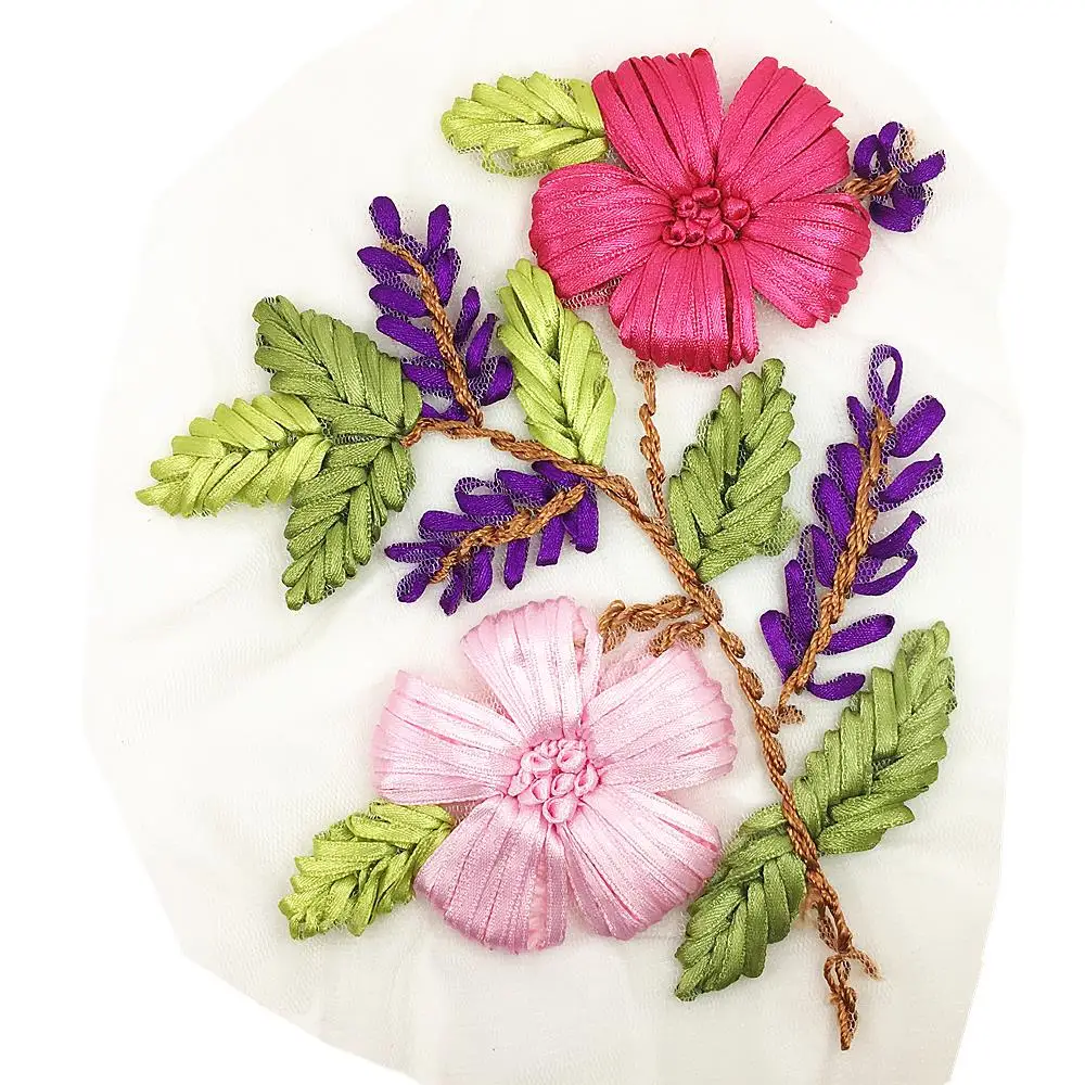 

4pc Ribbon Embroidery Patch Flower Embroidered Applique Patches For Clothing Parches Sewing Accessories Sew On 15x10cm AC1145