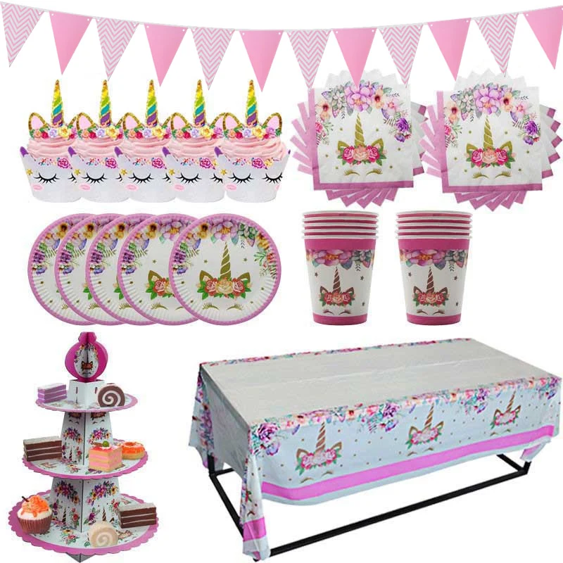 Unicorn Birthday Party Decorations Kids Happy Birthday Unicornio Balloons Paper Plates Cup Unicorn Party Baby Shower Supplies