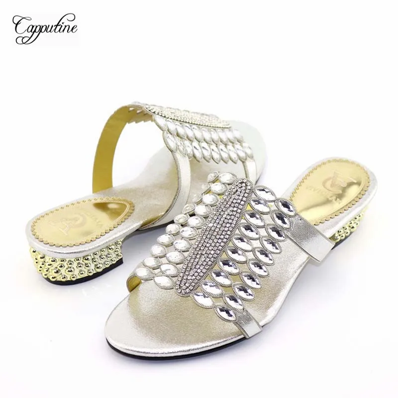 

Amazing African medium heel slipper shoes decorated with luxury stones 5569 in silver , heel height 3.8cm