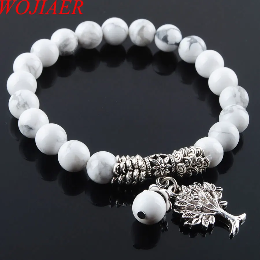 WOJIAER Белый Howlite браслет с драгоценным камнем мала бусины Древо жизни Подвески
