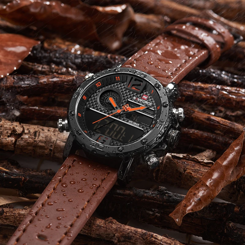  NAVIFORCE Dual Display Leather Sports Watches Men Men's Quartz LED Digital Clock Waterproof Militar