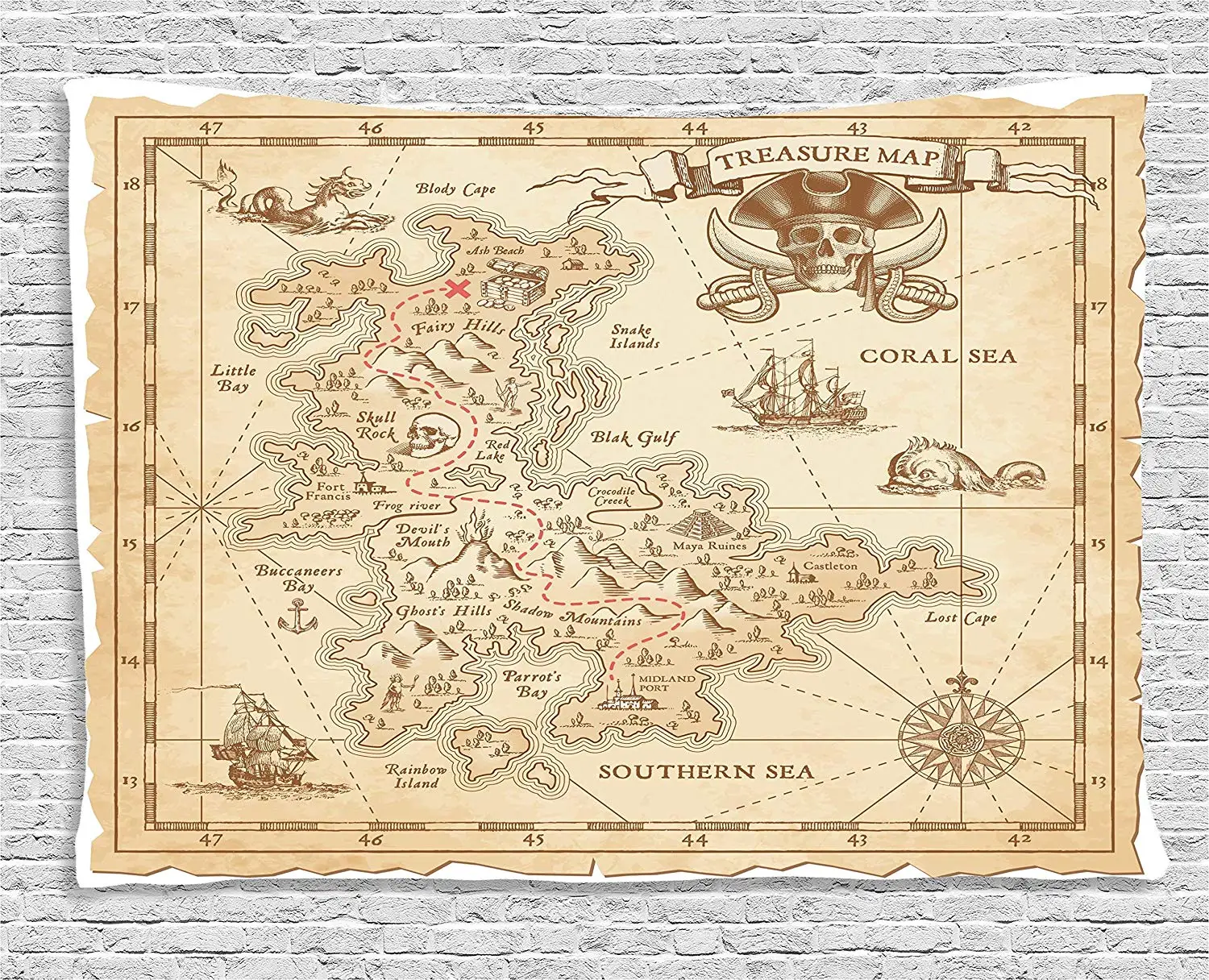 map tapestry island decor old ancient antique treasure map