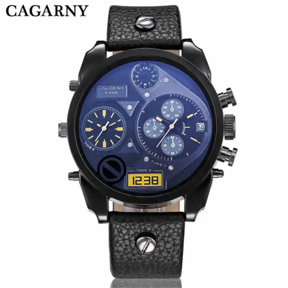 CAGARNY Men Leather Bracelet Watch Big Face Luxury Brand Watches Man