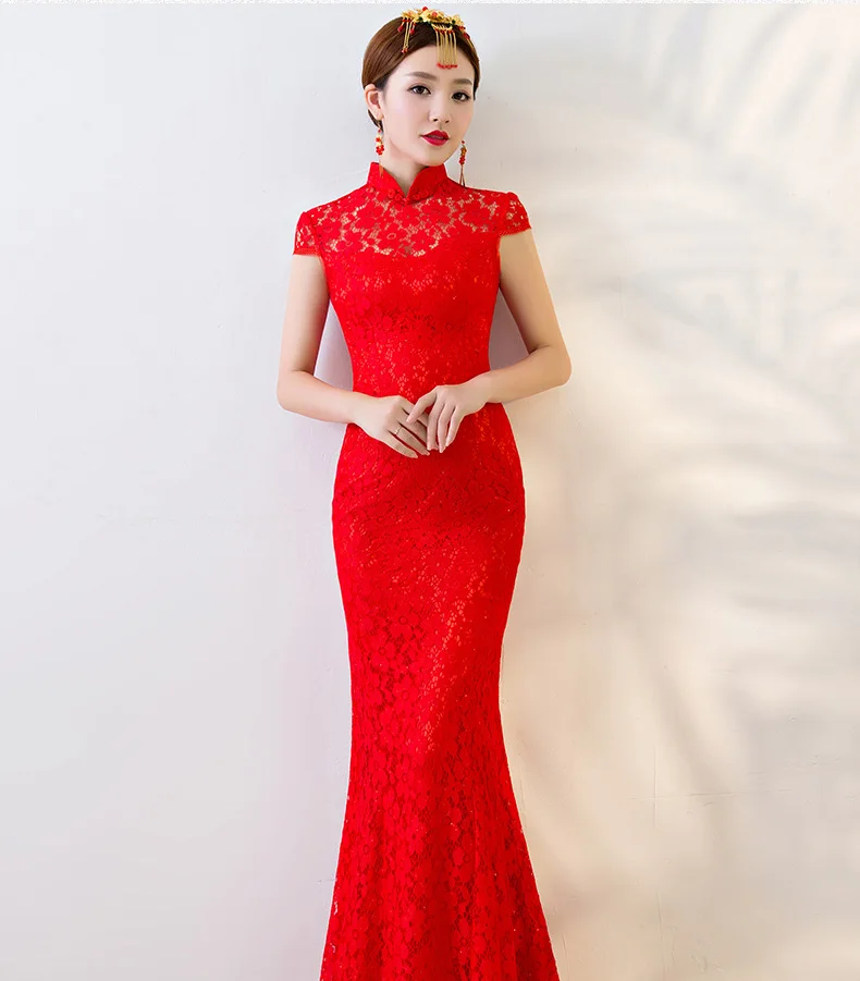 Красный невесты Вечерние Cheongsam Восточный свадебное вечернее платье Китайская традиционная Женская Qipao пикантные длинный халат Ретро Vestidos