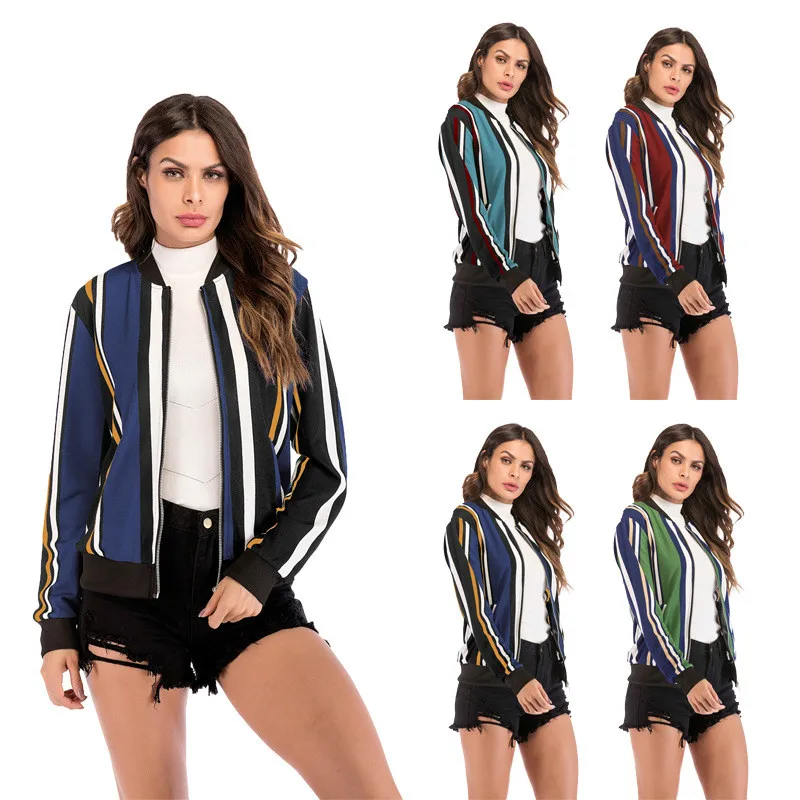 

Women's Jacket Autumn Large-scale Color Matching Vertical Stripe Baseball Suit Zipper Cardigan A Hair Substitute