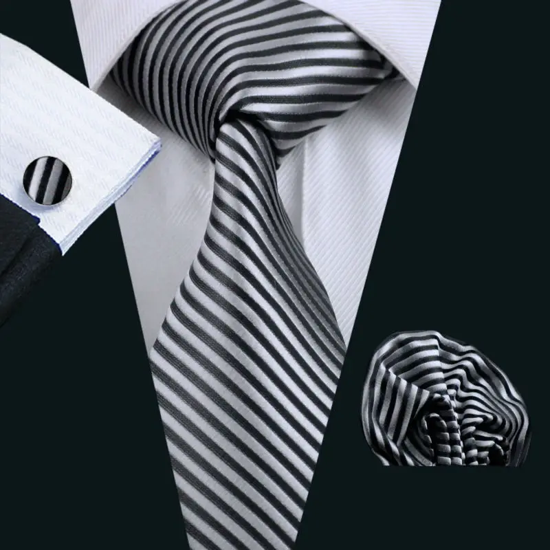 

Ties For Men 100% Silk Black White Striped Jacquard Woven Tie Hanky Cufflinks Set For Wedding Business Party Free Postage LS-915