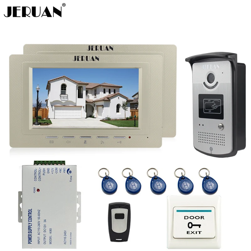 

JERUAN New 7`` Color Screen Video DoorPhone Intercom System 2 Monitor +700TVL RFID Access Camera For 2 house In Stock