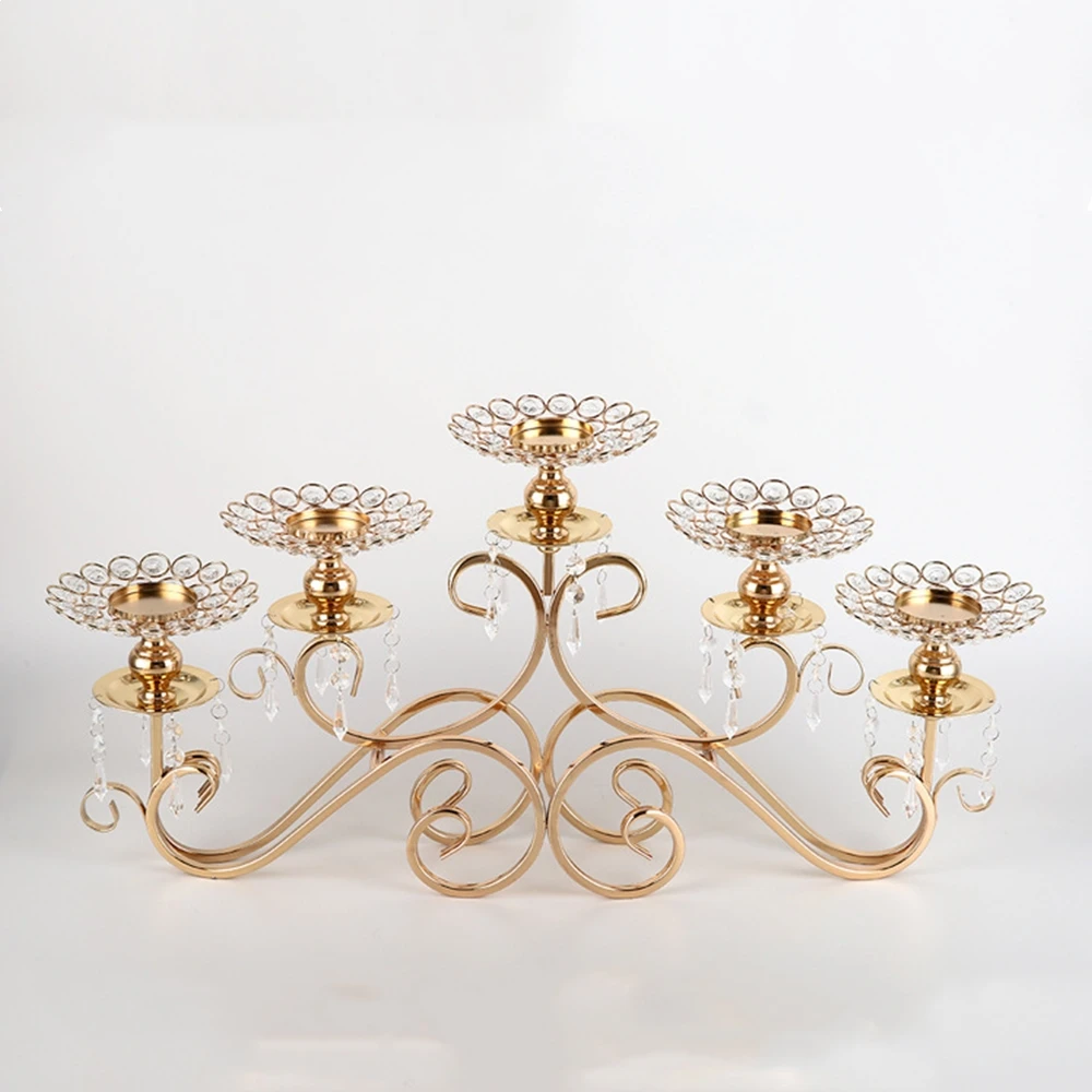 34 см Высота 5 рук подсвечники металлические канделябры блестящая золотая отделка Свадебные центральные подсвечники для домашнего декора стола