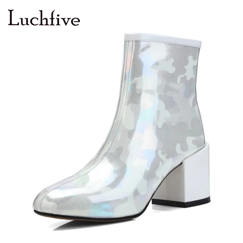 

New waterproof round toe ankle boots for women fashion zipper short boots white red green chunky heels sexy botas feminina