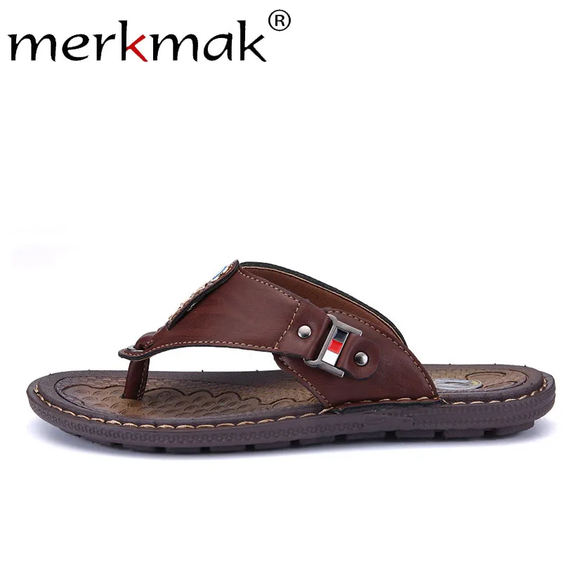 Merkmak Summer Slippers Sandals Men's Fashion Slip-on Solid Breathable Outdoor Casual Leather Men Footwear Flat Man Beach Shoes