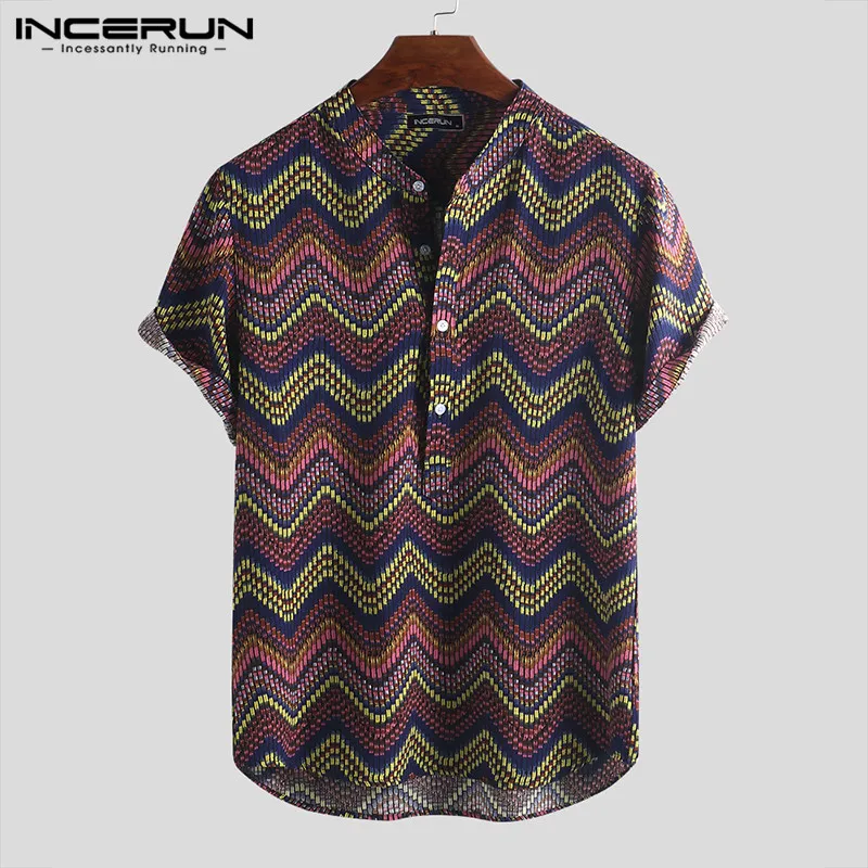 INCERUN Print Men Hawaiian Shirt Stand Collar Camisa Short Sleeve Button Up Tops Vintage Casual Shirts Men Streetwear S-5XL