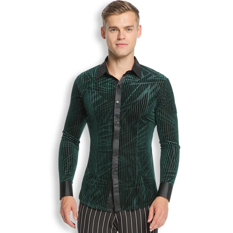 Новая мужская рубашка с длинными рукавами для латинских танцев, рубашка для бальных танцев, топ для взрослых, мужская Одежда для танцев, Современная Одежда для танцев - Цвет: dark green