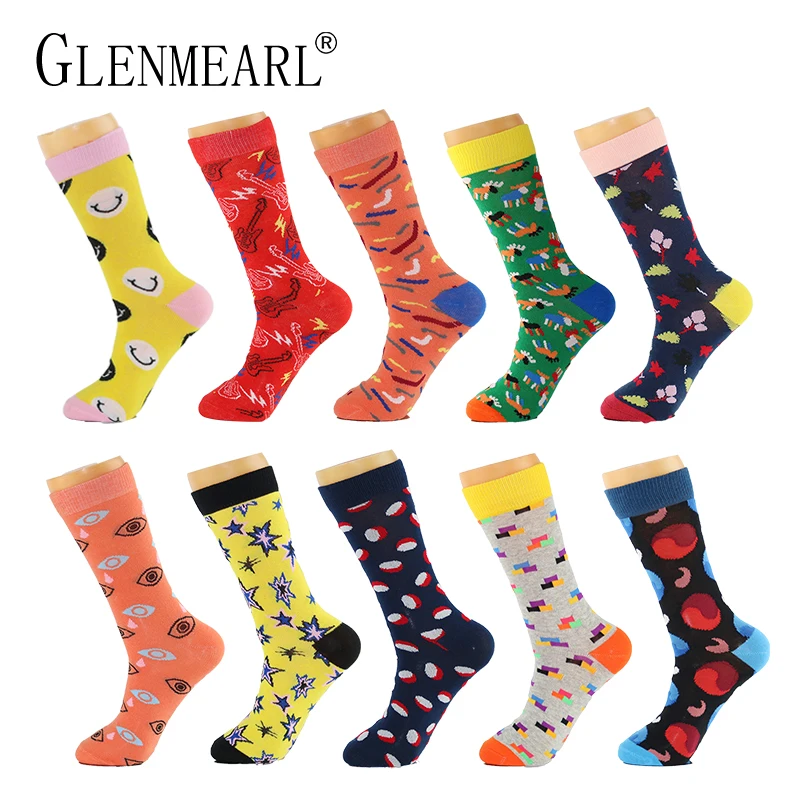 

10 Pairs/Lot Men Socks Combed Cotton Brand Spring Fall Plus Size Quality Business Coolmax Pattern Funny Happy Dress Male Socks