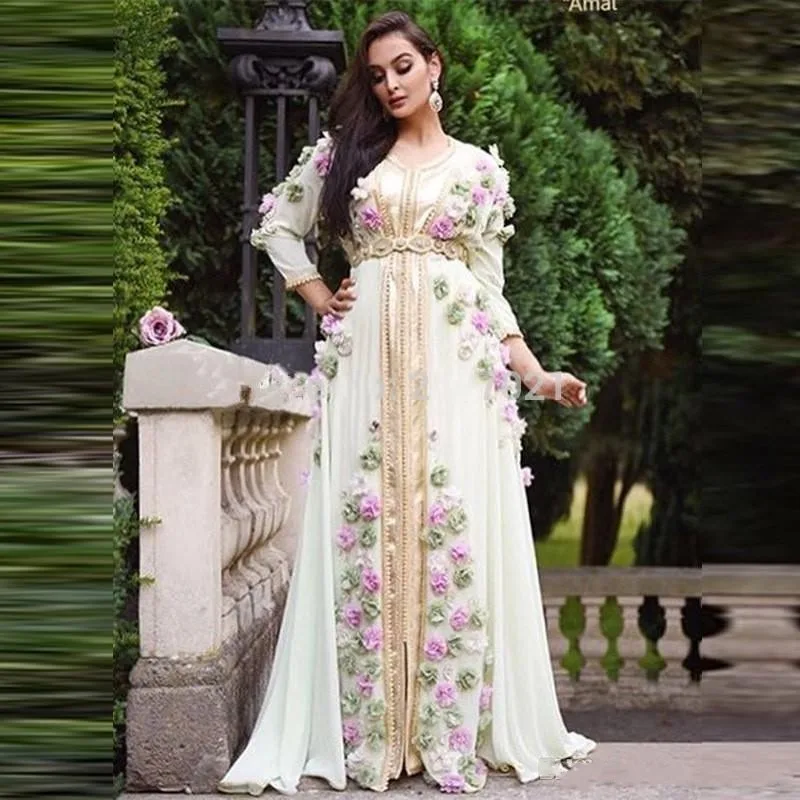 

Arabic Middle East A Line Formal Evening Dresses with Handmade Flowers Robe Dubai Turkish Moroccan Prom Evening Gowns