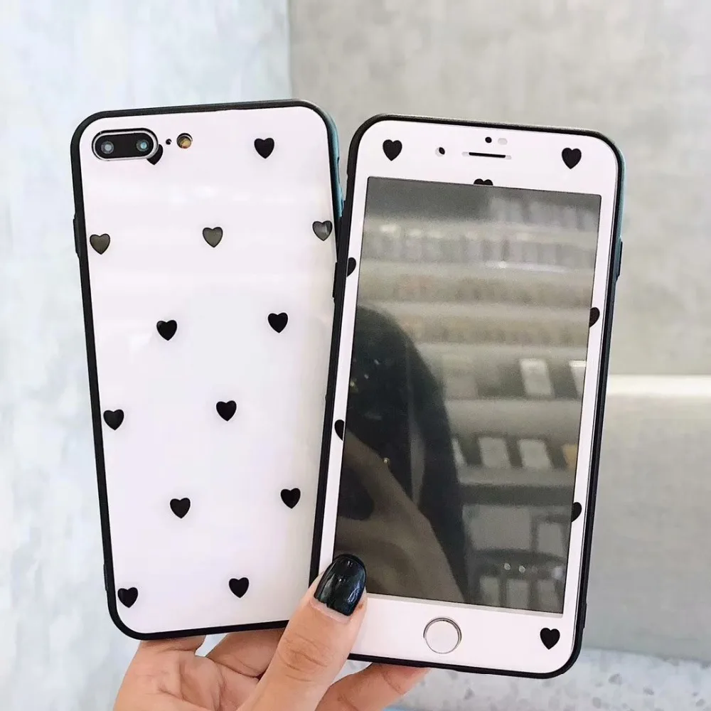 

For iPhone 8 8plus Cartoon Love Heart glass Cover +Tempered Glass Screen Film for iphone X 7 7plus 6 6Splus pink cover + film