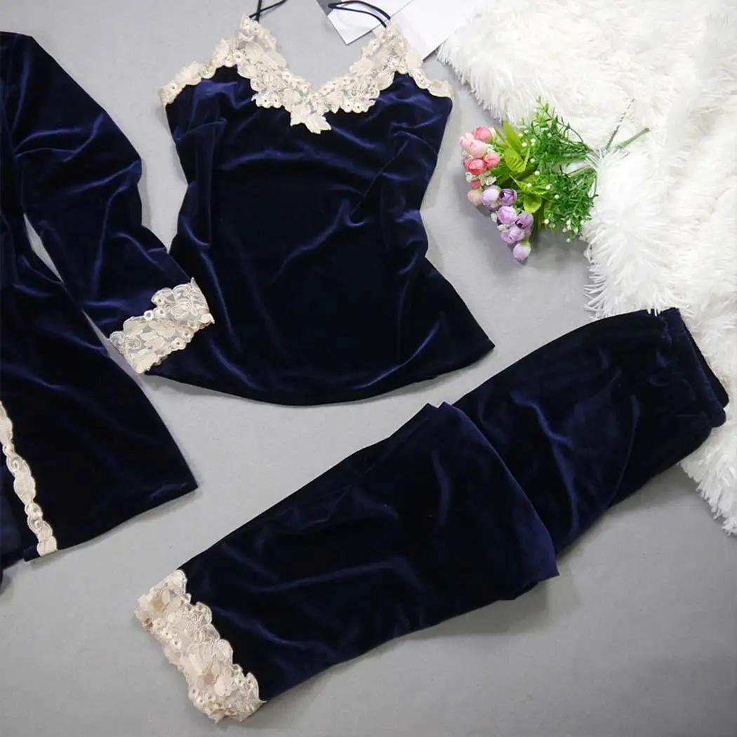 Ekouaer бархат комплект из 3 предметов пижамы Халаты для женщин элегантный кружевной халат комплект ночное Женский домашняя одежда