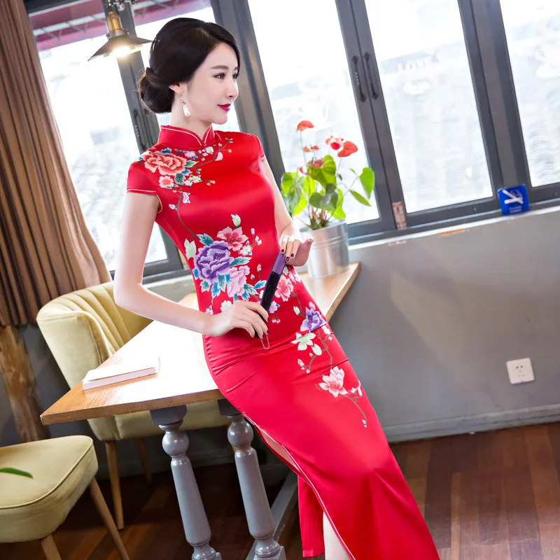

2019 Fashion Long Cheongsam Chinese style Mandarin Collar Dress Womens Summer Rayon Qipao Slim Party Dresses Vestido S-3XL