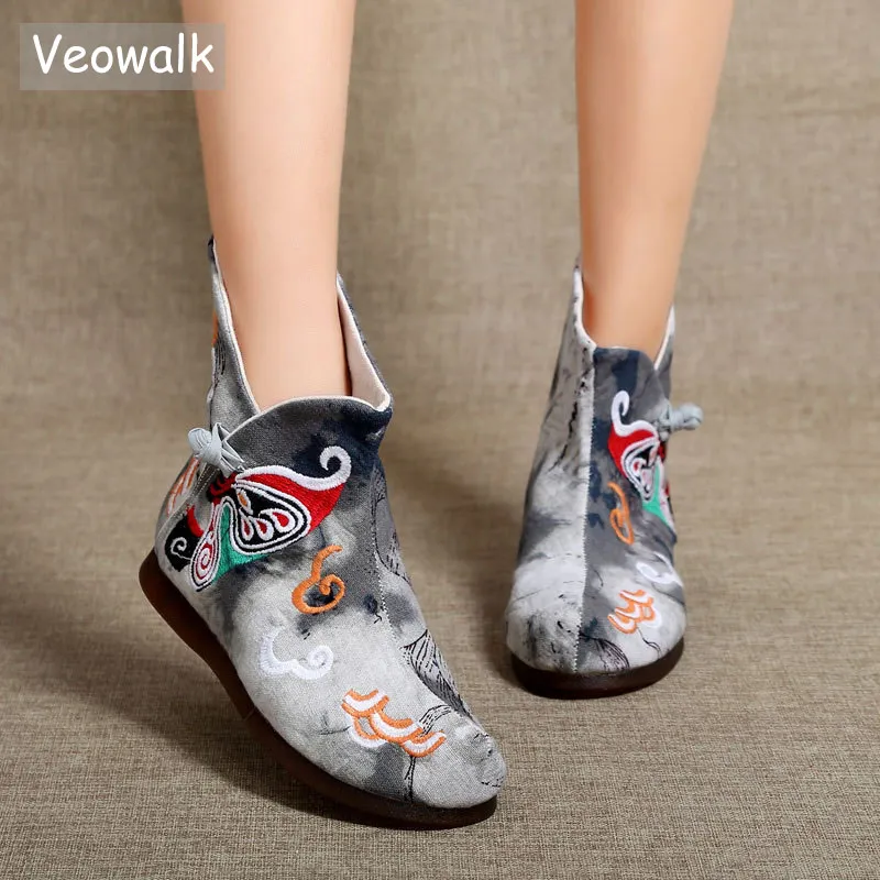 

Veowalk Comfort Soft Bottoms Women Beijing Opera Pattern Embroidered Short Boots, Ladies Casual Canvas Embroidery Booties Shoes