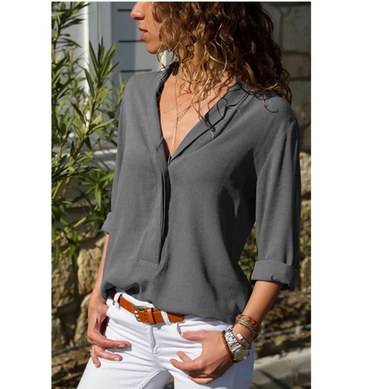 Женская блузка большого размера новая рубашка с принтом Свободная шифоновая рубашка с длинным рукавом и v-образным вырезом - Цвет: Серый