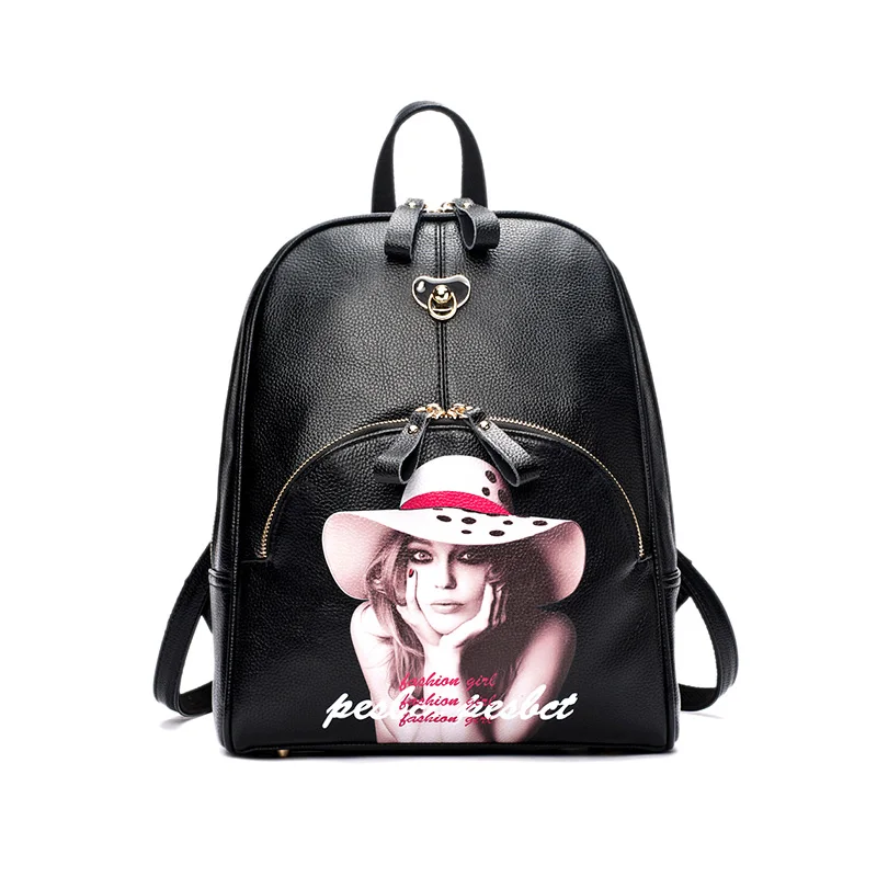 Doodoo Women's Printed Leather Zip Backpack Casual Girls Daypack Travel Rucksack Shoulder Strap