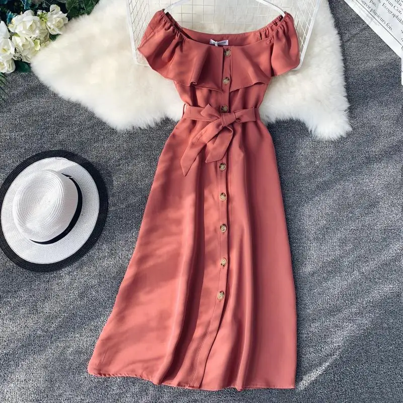 

2019 New Summer Women Vintage Robe Fashion Slash Neck Ruffles Slim A-line Dresses Vestidos Mujer Korean Single Breasted Dress