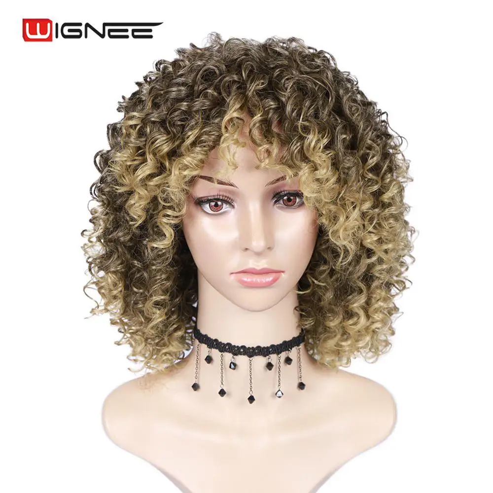 

Wignee Blonde Curly Wig With Bangs High Density Temperature Human Curly human hair wig Synthetic Wigs For Women African American