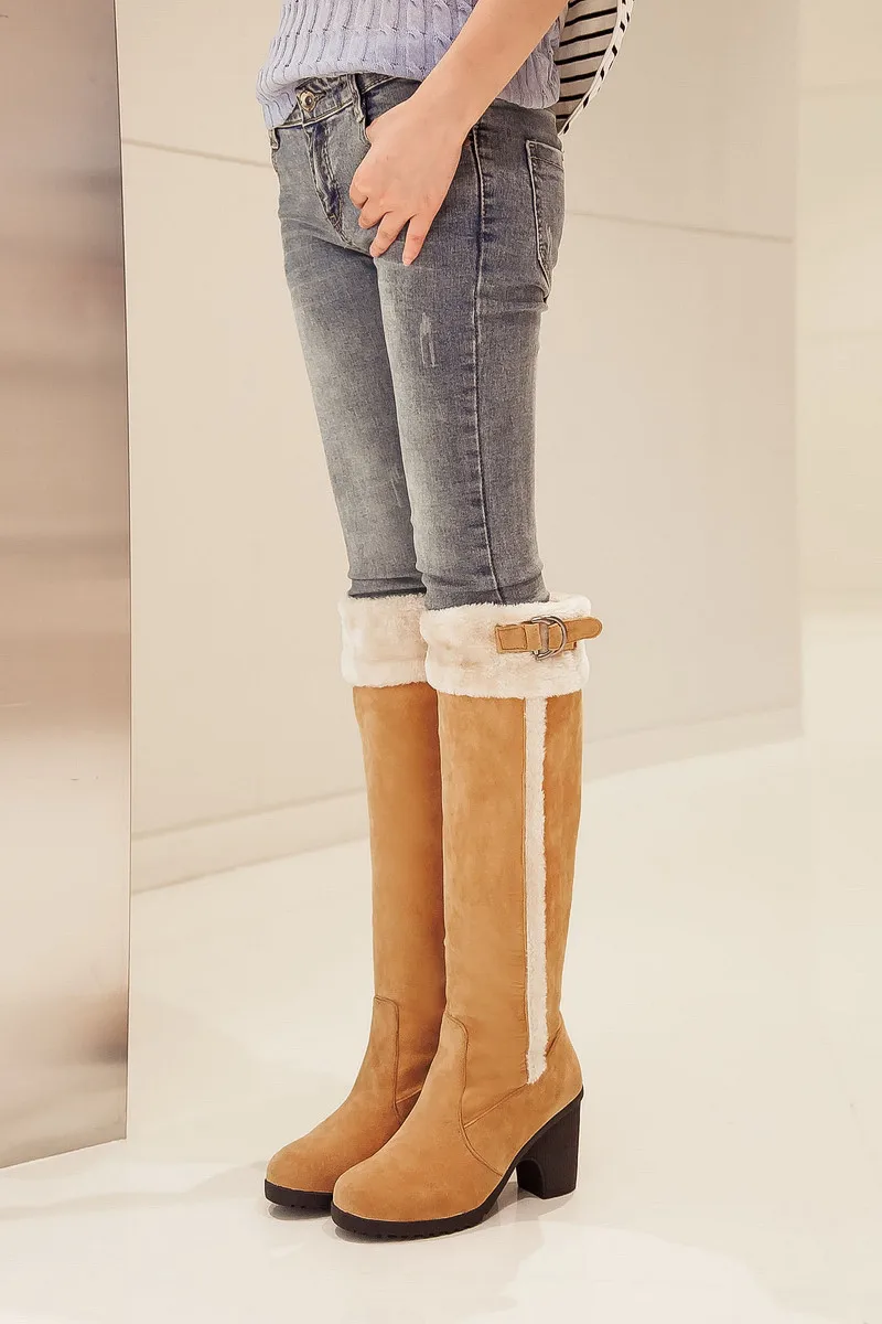 ENMAYLA/зимние сапоги на высоком каблуке с острым носком Модные женские зимние сапоги до колена с пряжкой; женские высокие сапоги; размеры 34-43