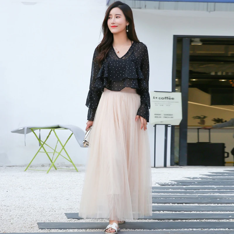 Модные корейские стильные 2019 Летние Осенние длинные юбки для женщин трехслойные сетчатые тюлевые юбки элегантная юбка принцессы с высокой