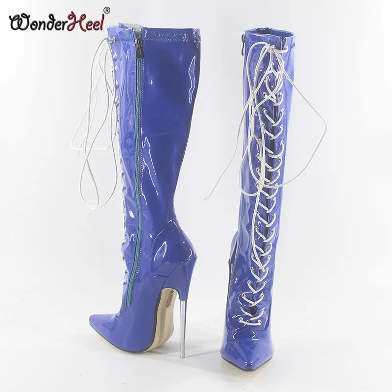 Wonderheel/18 см/" каблуке ультравысокий каблук с острым носком синие лакированные кожаные сапоги до колена высокие сапоги пикантные Фетиш Металл Ботинки на каблуке