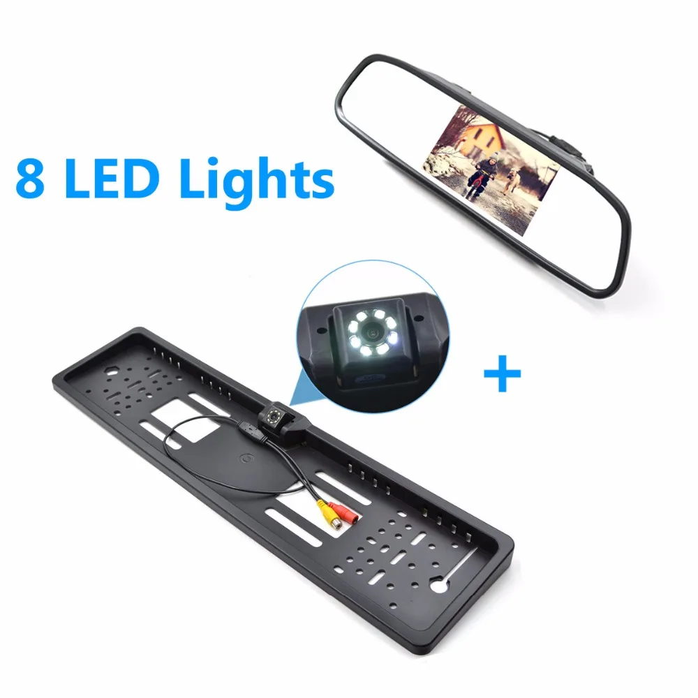 

4.3" TFT LCD 2 Video Input Car Rear View Mirror Monitors With 8 led EU License Plate Frame RearView Reversing Backup Camera