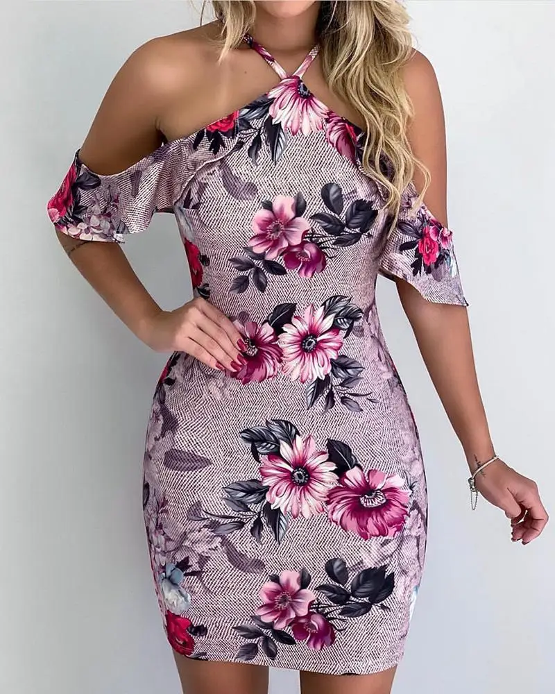 الأزهار طباعة الباردة قبالة الكتف المرأة الصيف Bodycon اللباس الإناث نحيل صالح كشكش الرسن البسيطة فساتين عارضة Vestidos