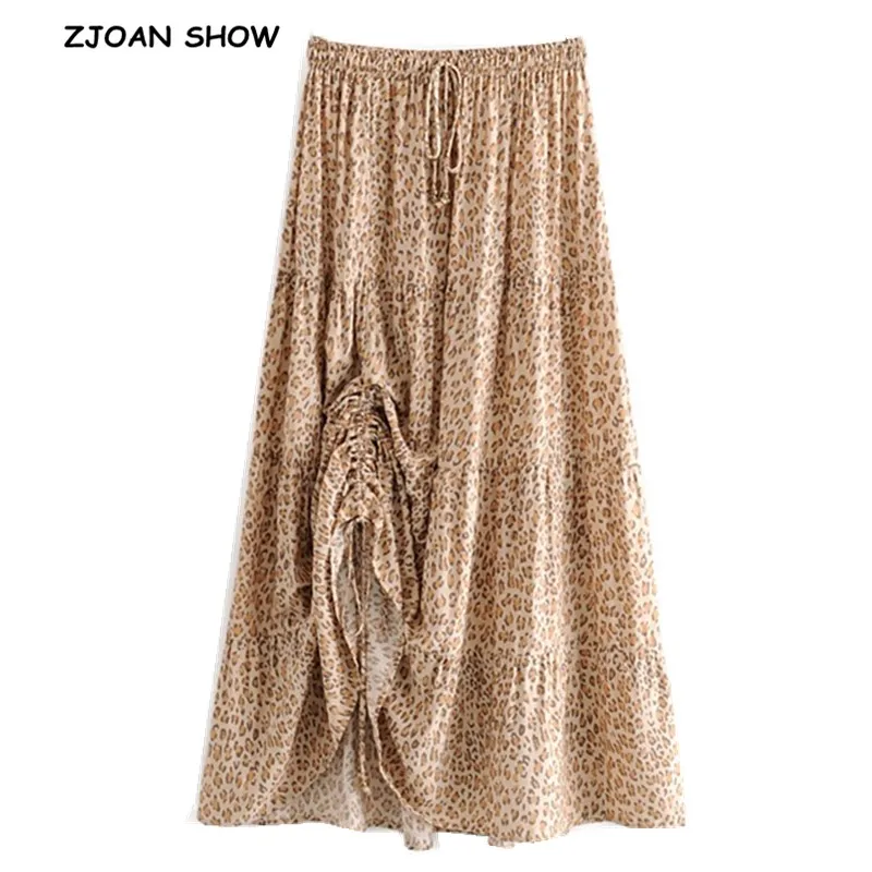 

2019 Bohemian Khaki Leopard Print Long Skirt Women Shirring Stitching pleated Lacing up Stream Elastic Waist Swing Skirts Beach