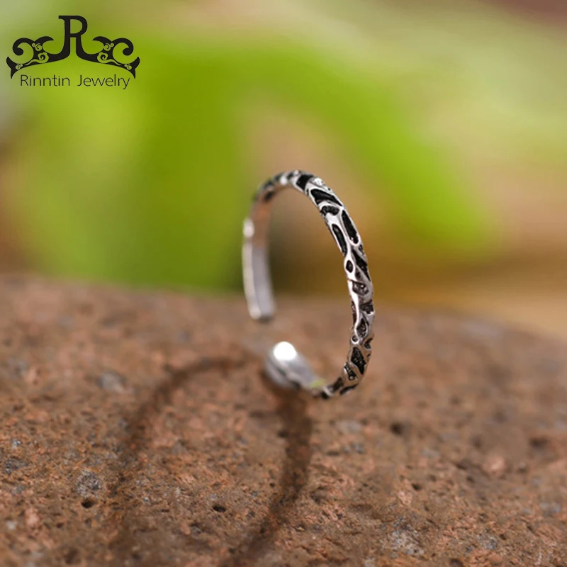 

Rinntin 925 Sterling Silver Finger Rings for Female Vintage Simple Veins Adjustable Open Ring Silver Party Fine Jewelry TPSR51