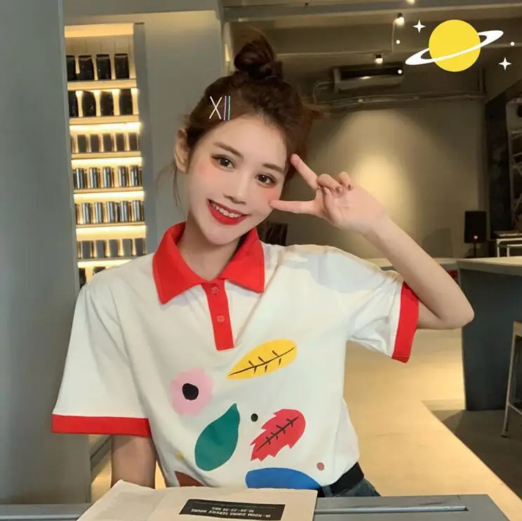 

New summer sweet casual loose turn-down collar short-sleeved T-shirt women