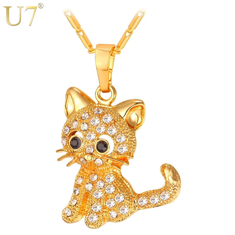 U7 Cute Cat Pendants & Chain Gold/Silver/Rose Color Rhinestone Crystal Hot Animal Necklaces Women Jewelry for Girls Gifts P1027 U7 Cute Cat Pendants & Chain Gold/Silver/Rose Color Rhinestone Crystal Hot Animal Necklaces Women Jewelry for Girls Gifts P1027