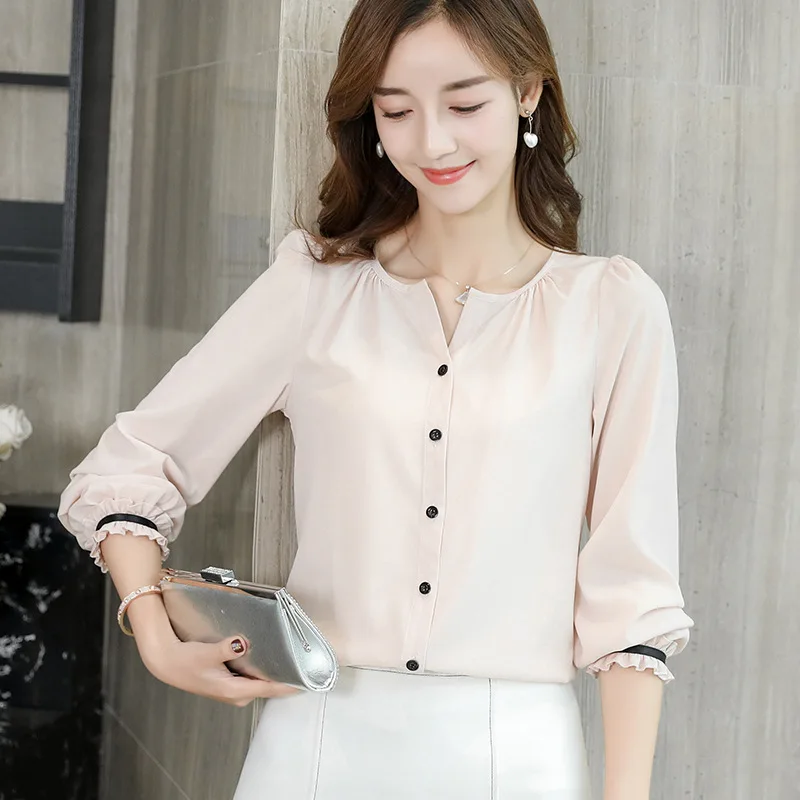 

Casual Bottom Shirts Spring Women White Shirt Long Sleeve Korean Ruffles Streetwear Slim Chiffon Blouse Elegant Ladies Tops Pink