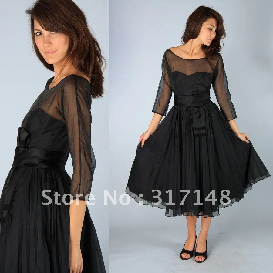 New Style FN003 A Line Tea Length Modest Chiffon Black Bridesmaid Dress