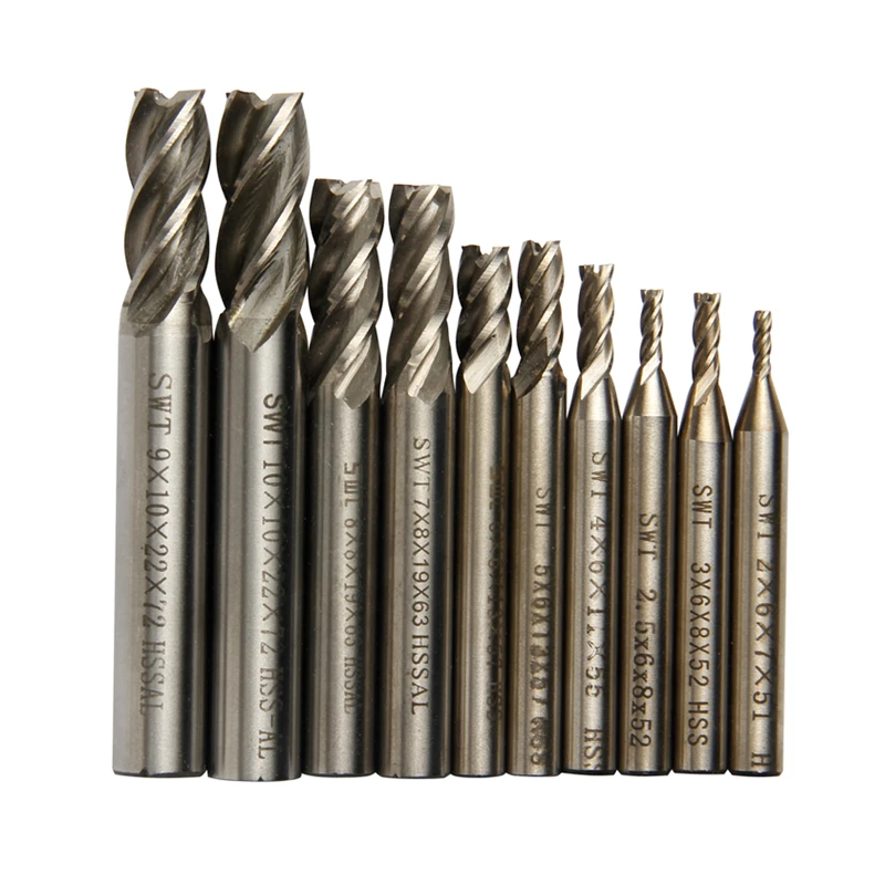 

Carbide End Mill CNC Tools HSS Diameter 2-10mm 10pcs/set 4 Blades Flute Milling Cutter Router Bit CNC Mill Drill Bit