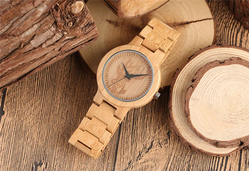 Creative Deer Head Full Wooden Watch Fashion Bamboo Men Handmade Analog Nature Wood Fold Clasp Wrist Watch  (4)