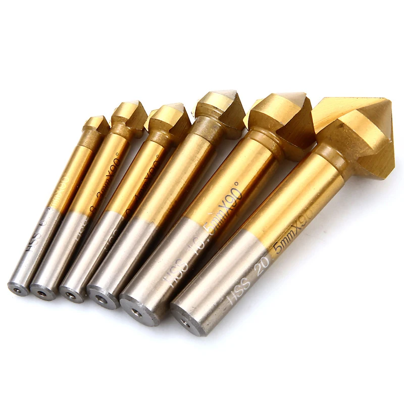 DWZ 6pcs  6.3mm-20.5mm Gold 90 Degree Wood Steel HSS Countersink Drill Bits Set