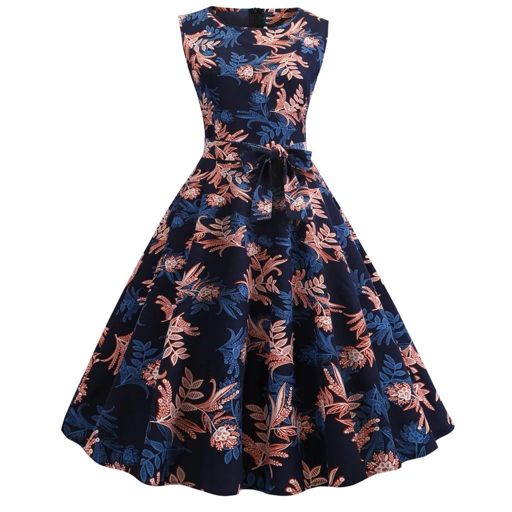 

Women's Vintage Sleeveless Print Casual Evening Party Prom Swing Dress