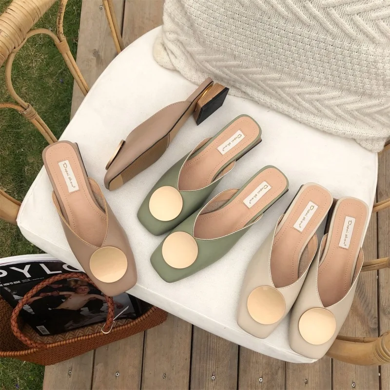 

2019 Summer Women Mules Slippers Elegant Leather Ladies Low Heel Outdoor Slippers Slides Summer Sandals Chaussures Femm