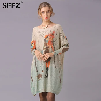 

SFFZ Wool Sweaters for Women Free Size Oversized Lady Sweater Pullover Fashion Slash Neck Print Ladies Batwing Sleeve Pullovers
