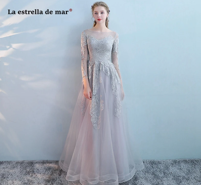 Robe demoiselle d'honneur2018 Новый тюль с длинным рукавом линии sexy see розовый серый платье подружки невесты длинные красивые vestido madrinha