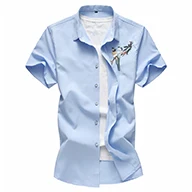 LONMMY 6XL 7XL мужская рубашка с вышивкой птицы короткий рукав блузки платье рубашки мужская одежда slim fit camisa social Повседневная Новинка - Цвет: 5311 Short blue