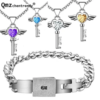 

Titanium Steel Concentric Lock Bracelets Bangle Blue Purple Angle Stone Key Pendant Necklace Lovers' Jewelry Set Engagement Gift
