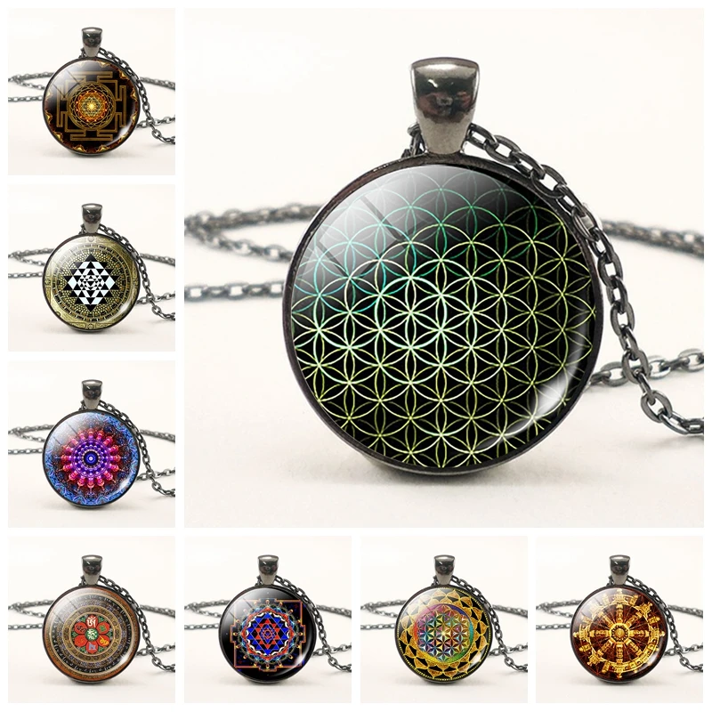 

Flower of Life Necklace Sri Yantra Glass Cabochon Pendant Necklace Mandala Spiritual Yoga Jewelry Fashion Accessories for Women